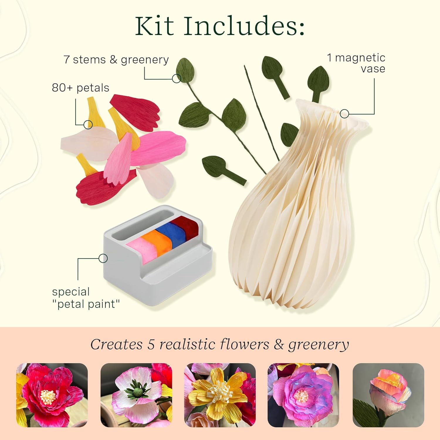 Lifelines FlowCrafts Paper Flower Bouquet Sensory Craft Kit for Teens & Adults, 5-Flower Bouquet with 80+ Petals, 2 Leafy Sprigs & Elegant Vase