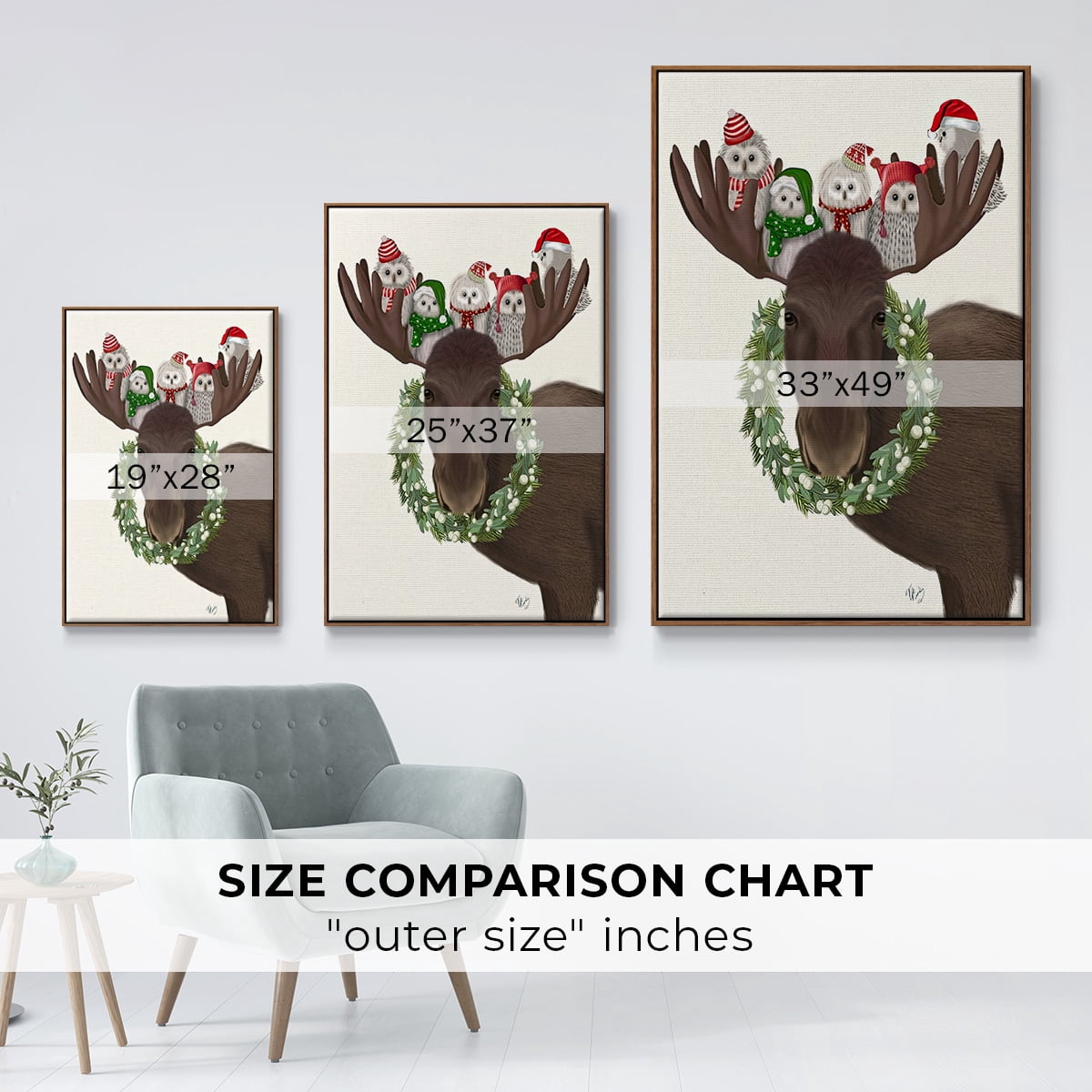 Christmas Moose and Christmas Owls - Framed Gallery Wrapped Holiday Canvas - 27 x 41 - Rosewood Frame