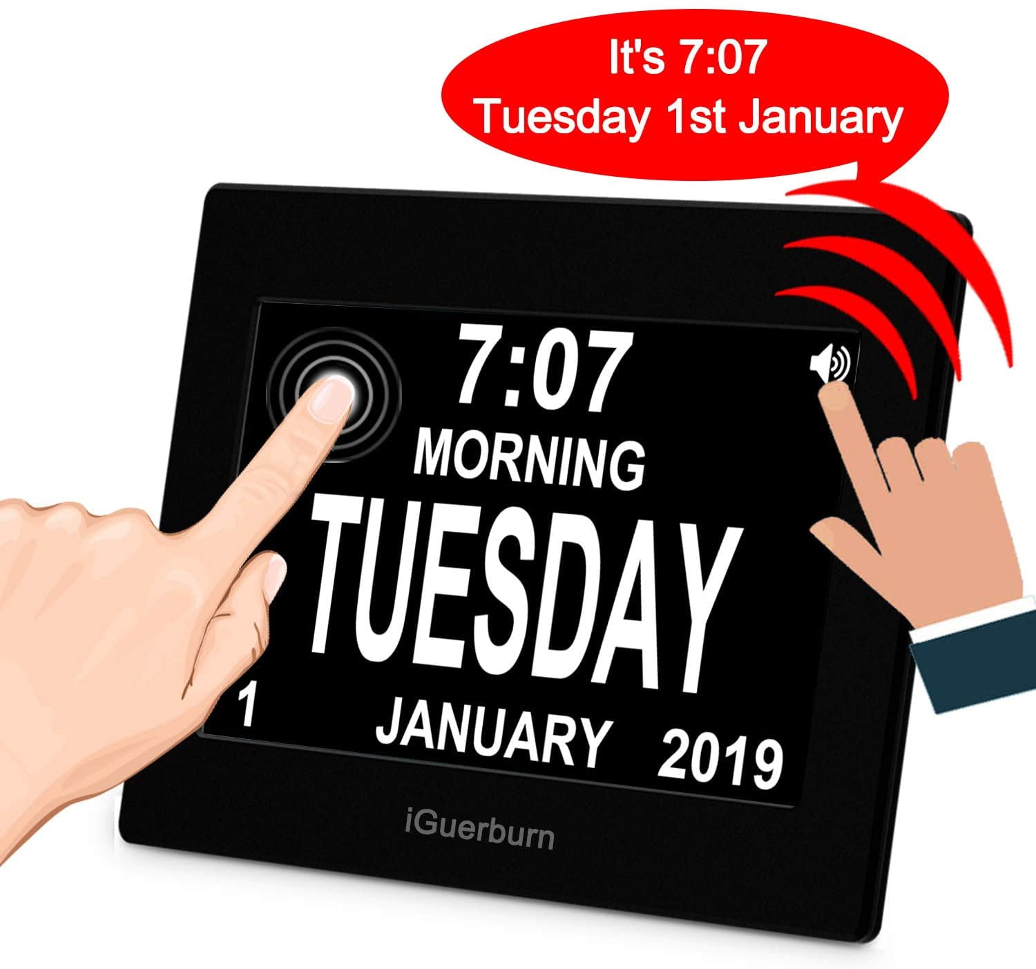 iGuerburn 8" Digital Talking Touchscreen Day Calendar Alarm Clock