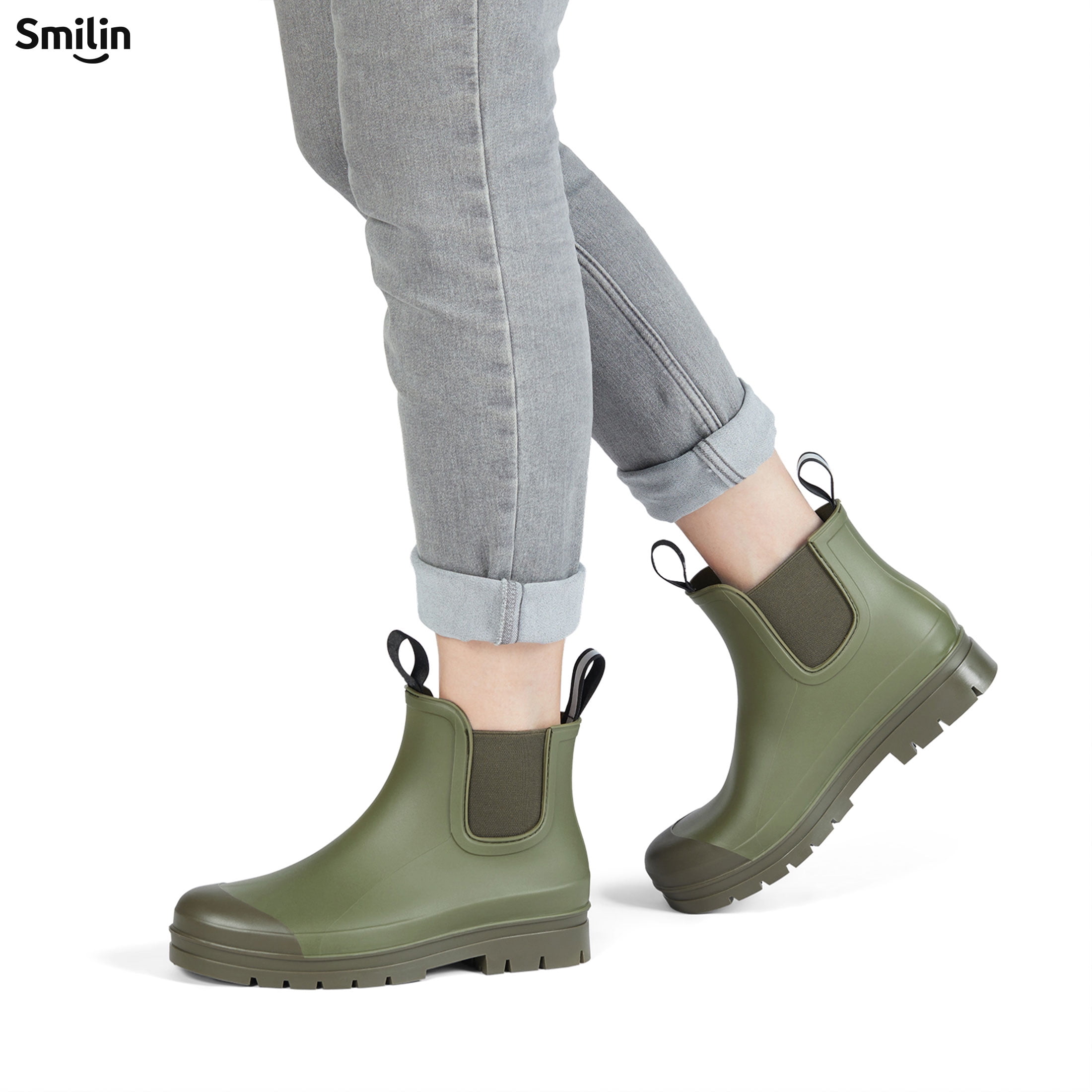 SMILIN Short Ankle Rain Boots for Women, Chelsea Waterproof Anti Slip Garden Shoes with Insole, Olive Green, Size 8.5
