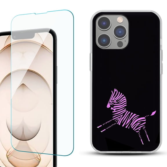 Slim-Fit Gel TPU Phone Case for iPhone 14 Pro, with Tempered Glass Screen Protector, by OneToughShield ® - Zebra Running