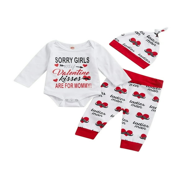 AMERTEER My 1st Valentine‘s Day Newborn Infant Baby Boys Clothes Set Letter Romper Pants Hat Autumn Spring Outfit White Valentine kisses 6-12 Months