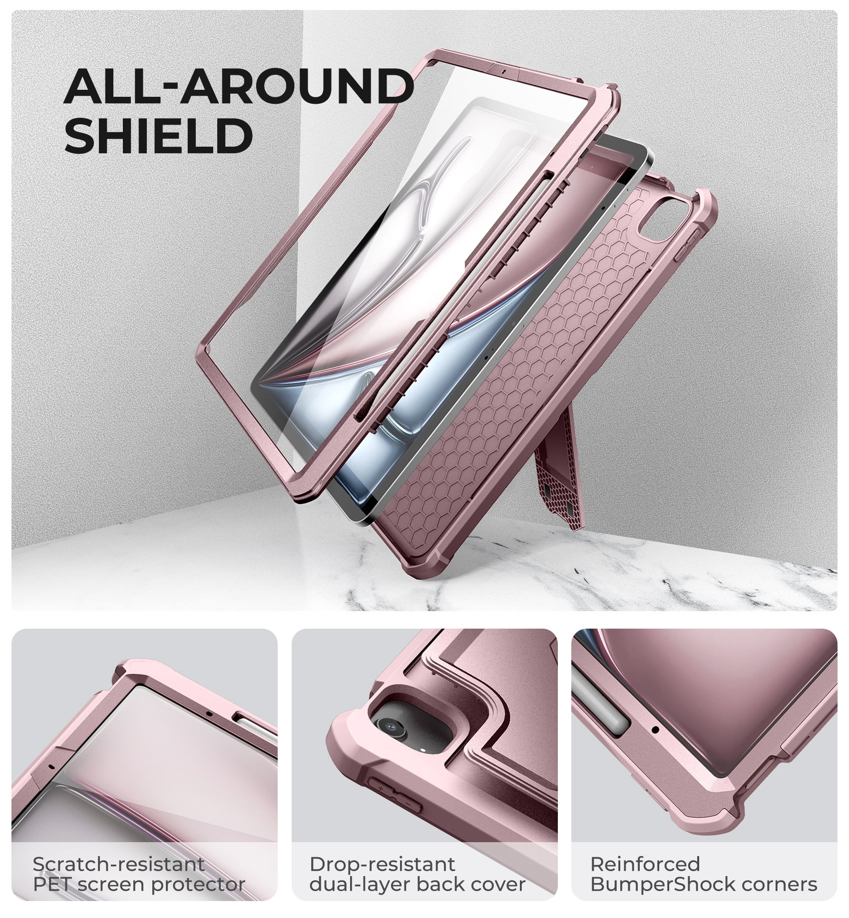 Dexnor for iPad Air 13 Inch Case 2025/2024 (M3/M2) with Pencil Holder, [Built-in Screen Protector & Multi-Angle Kickstand] Heavy Duty Shockproof Full Body Protective Cover for iPad Air 13, Pink