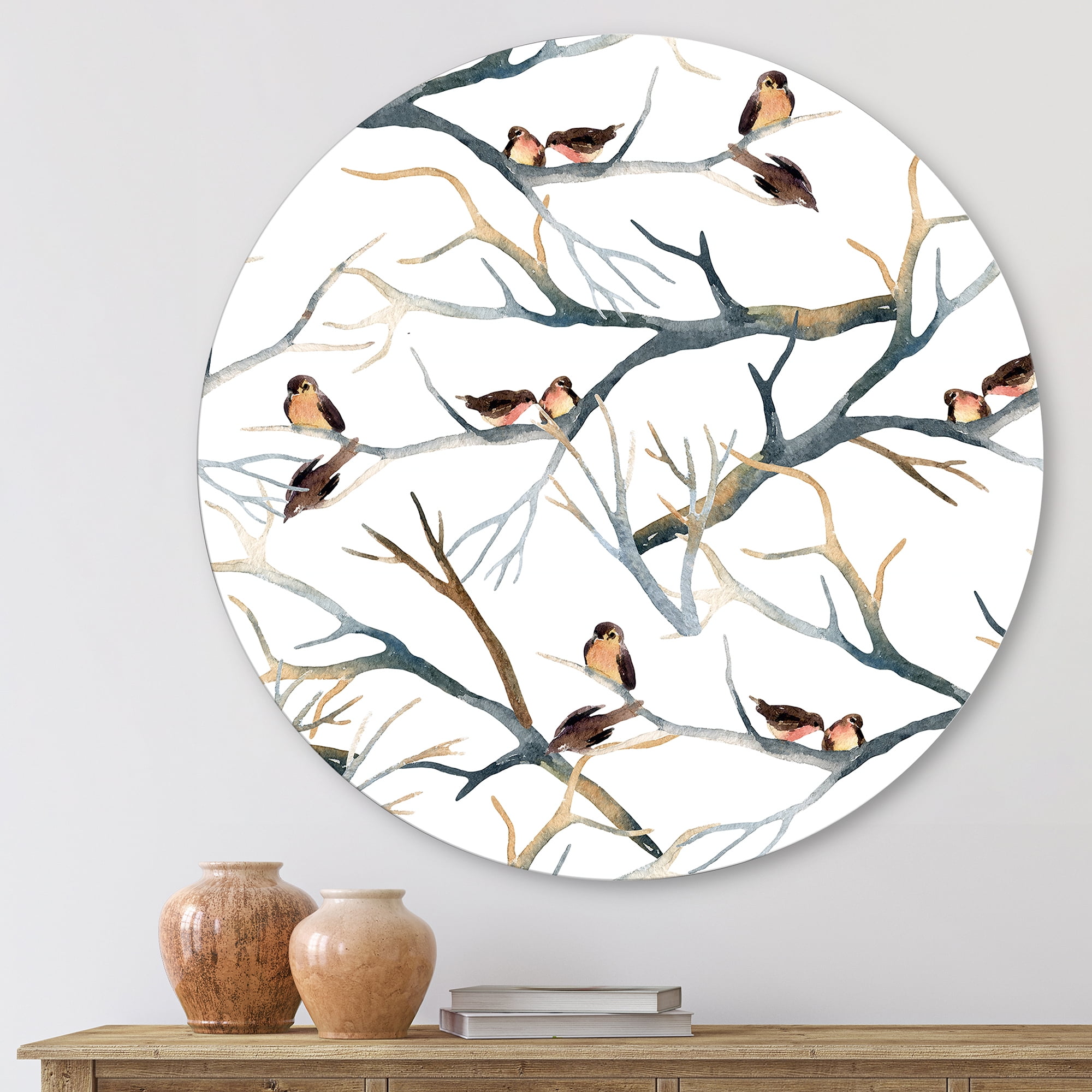 Designart 'Little Birds Sitting On The Tree Branches I' Traditional Circle Metal Wall Art 23x23 - Disc of 23