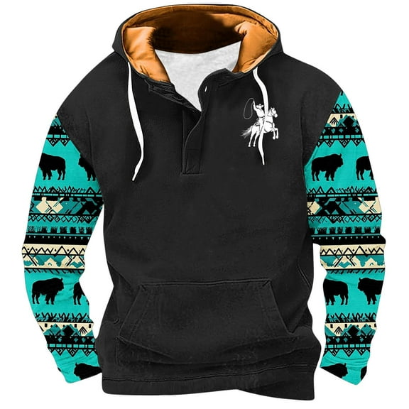 ZCFZJW Fashion Aztec Ethnic Style Print Hooded Sweatshirts for Men Regular Fit Casual Long Sleeve Patchwork Henley Hoodie T-Shirts Western Drawstring Pullover Tops with Pockets L