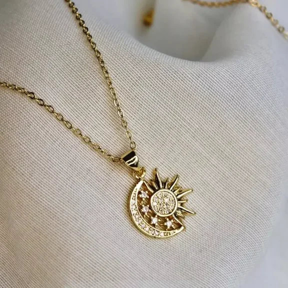 2Ct Round Cut Lab Created Diamond Moon Star Pendant Necklace 14k Yellow Gold Plated