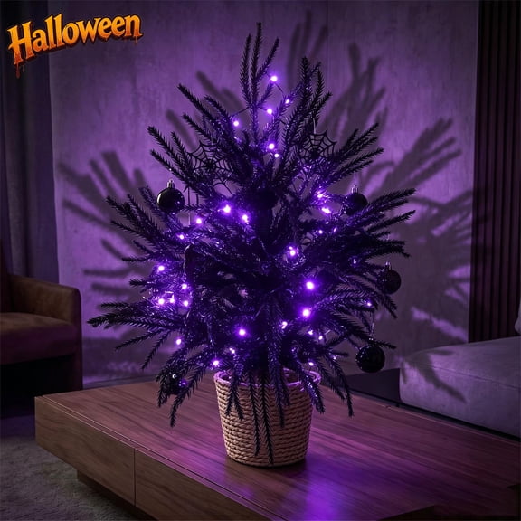19.69inArtificial Faux Black Pine Halloween Tree with Purple LED Lights, Fake Plastic Soft Needle Spooky Tabletop Tree, Indoor Mantel Desk Centerpiece Halloween Decor for Home Party Holiday Display