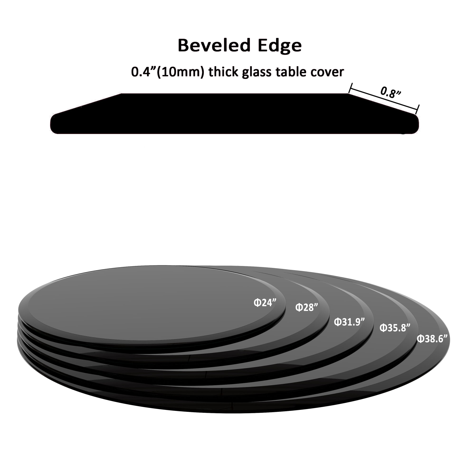 32 Inch Round Black Tempered Glass Table Top, 2/5" Thick Glass Sheet with Beveled Polished Edge, Replacement Tabletop for Coffee Table, Dining Table and Patio Table