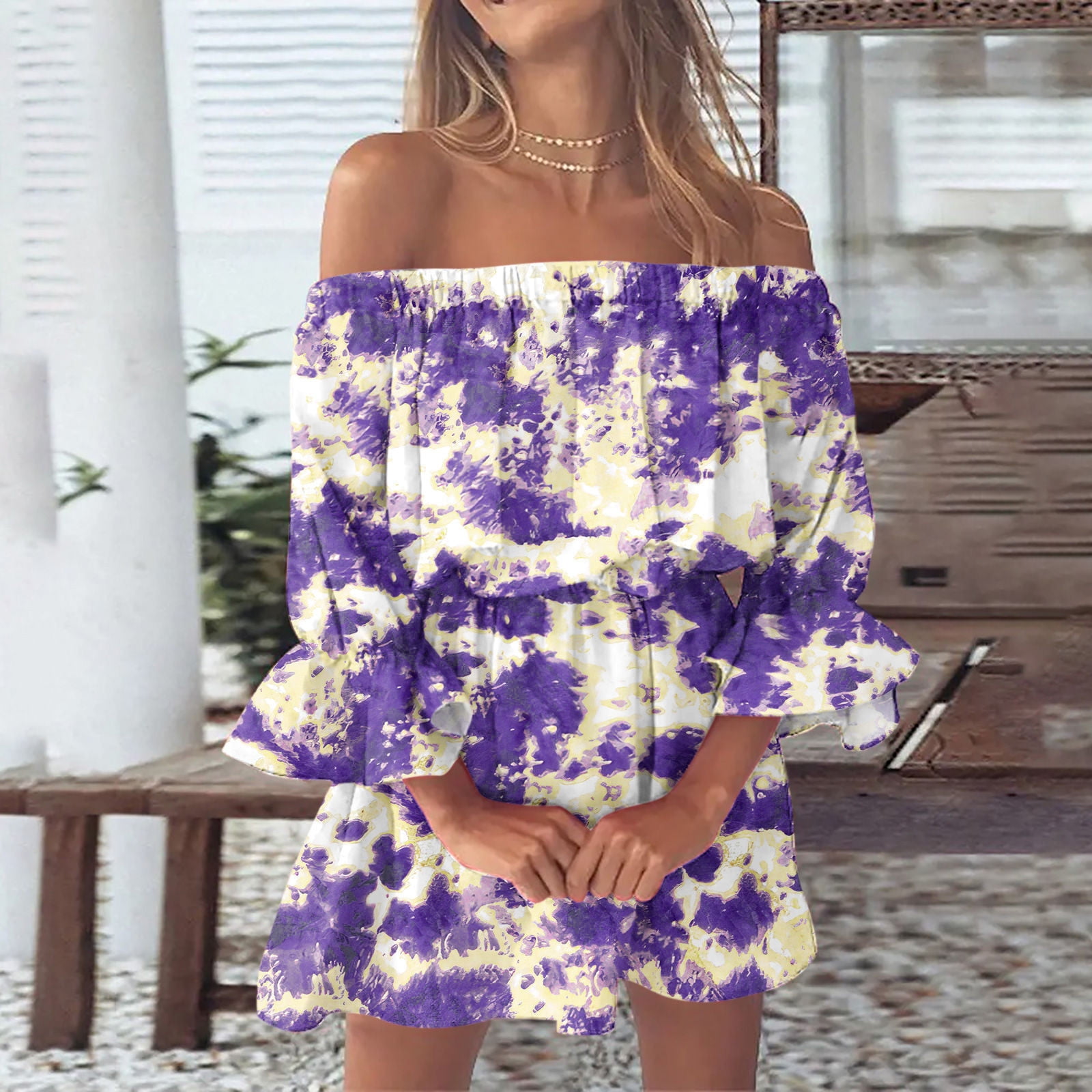 Purple floral off the shoulder sale dress