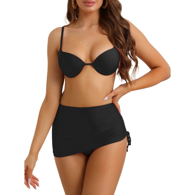 INSPIRAR CHIC Conjuntos de Bikini de Tirantes Espagueti para Mujeres con Aros 3 Piezas Traje de Baño Falda de Playa con Cuerda Grande Negra