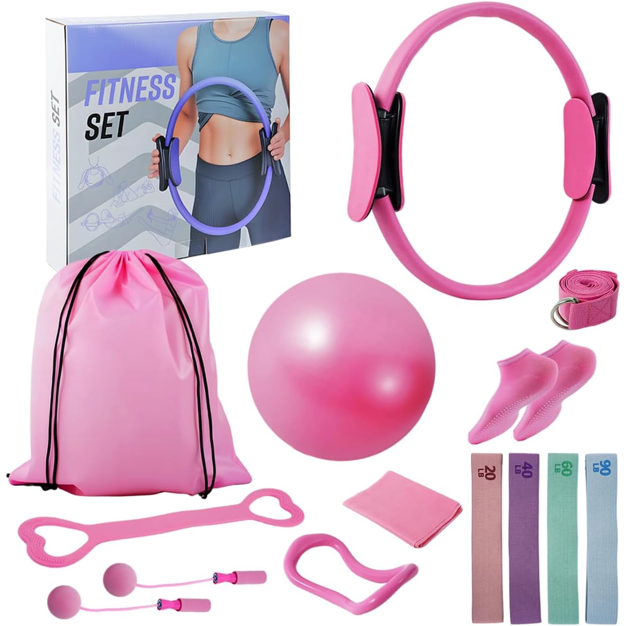 Pilates Essentials Kit for Women, Home Pilates Kit with 12.9" Ring and 9.8" Mini Ball, 4 Fabric Loop Bands, Figure-8 Band, Stretch Strap, Jump Rope, Carry Bag