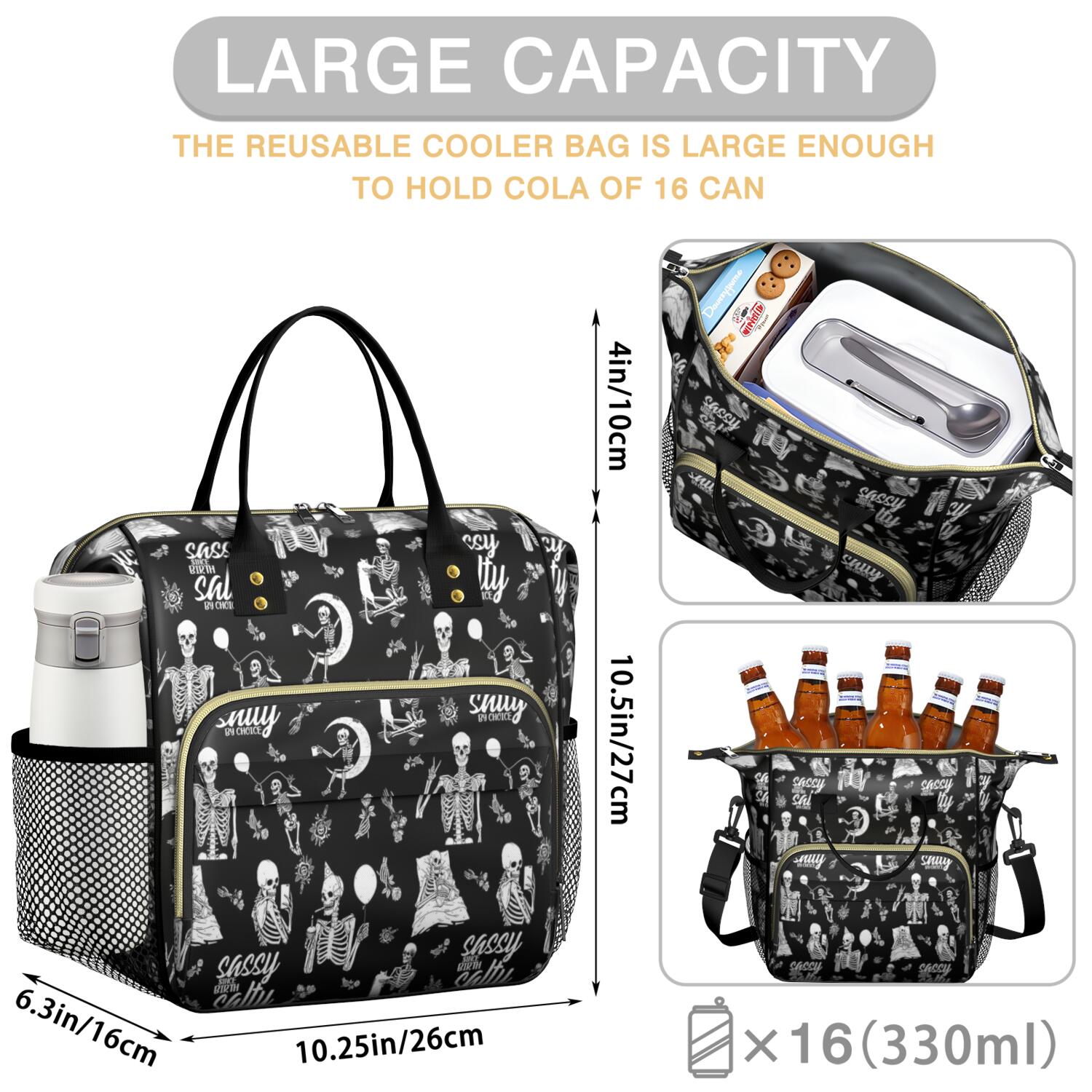 Halloween Skeleton Fun Pattern Womens Lunch Box for Work,Insulated Large Lunch Bag for Tween and Teen,Loncheras Para Mujer,Leakproof Adult Lunch Bag for Work,Beach,Travel,Picnic,Camping
