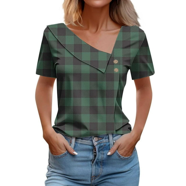 Birdeem Chemise à Manches Courtes pour Femmes avec Imprimé à Carreaux T-Shirt Décontracté