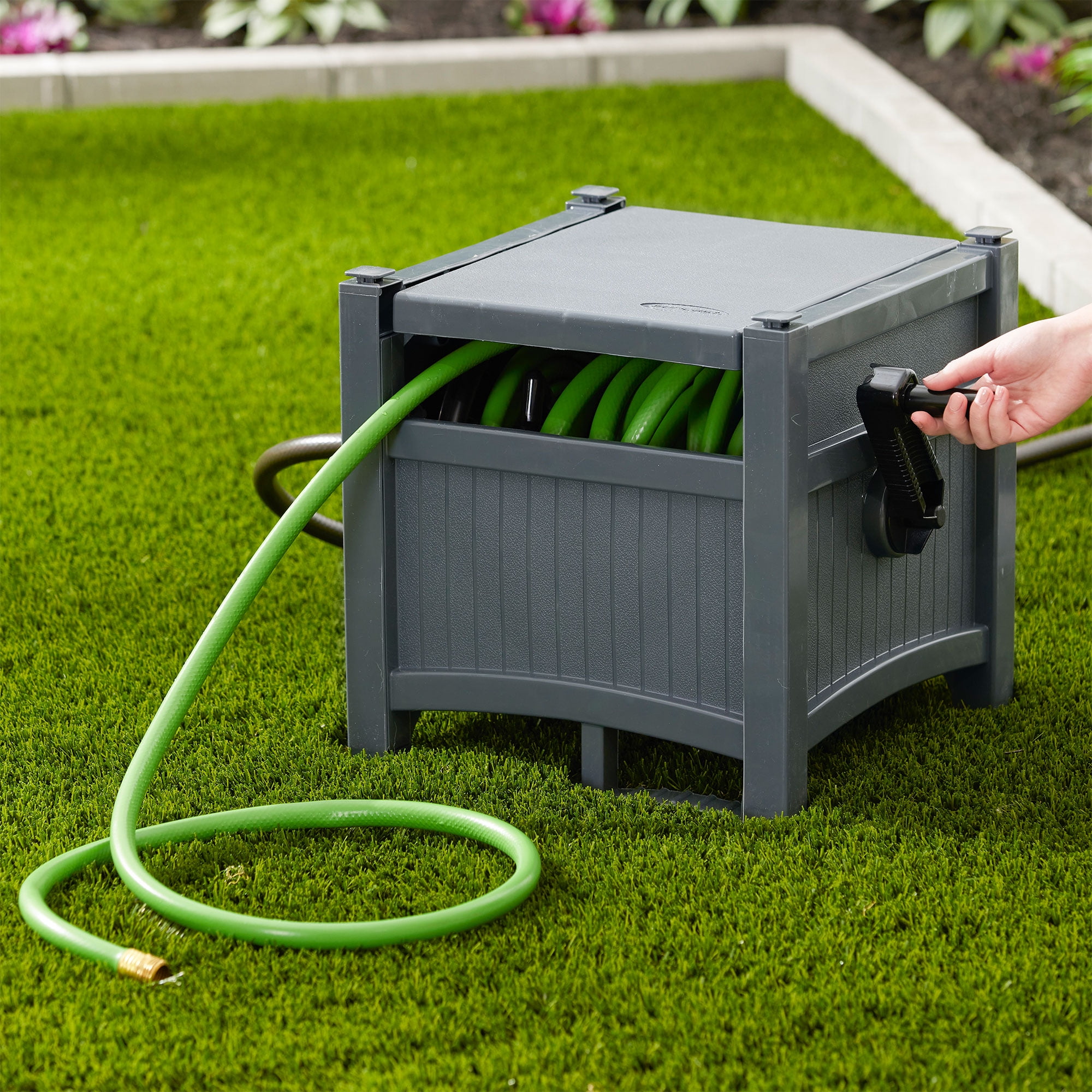 Suncast 100' Resin Garden Hose Reel & Hideaway Outdoor 33 Gal Garbage Bin, Cyberspace