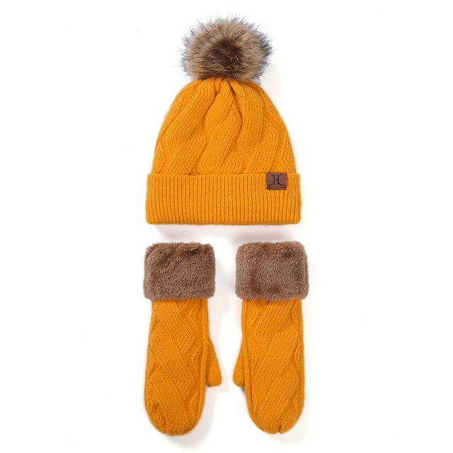 Chapeau et Gants pour Femmes, Tricots d'Hiver, 2 Pcs, Jaune