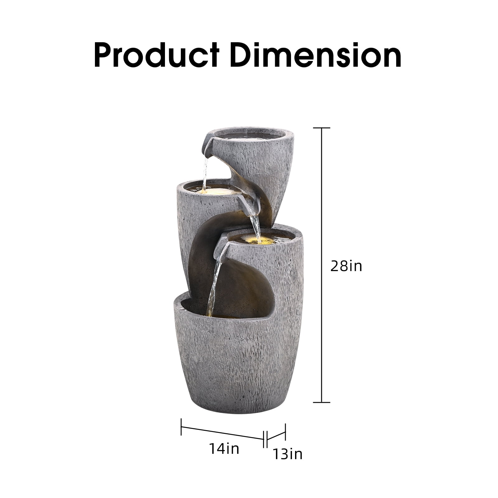 28" Outdoor Cascading Garden Water Fountain for Patio, Backyard, Deck, Porch and Home Decor, 3-Tiers Clay Pot Fountain with Lights