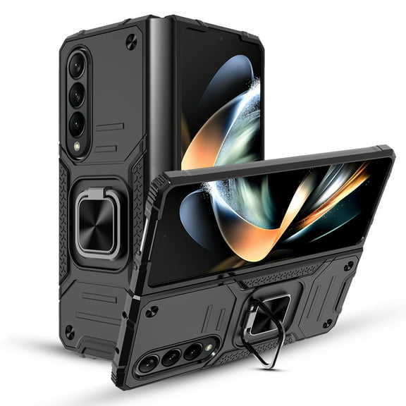 Elegant Choise Phone Case for Samsung Galaxy Z Fold 4 Shockproof Heavy Duty Protective Cover with Ring Stand, Black