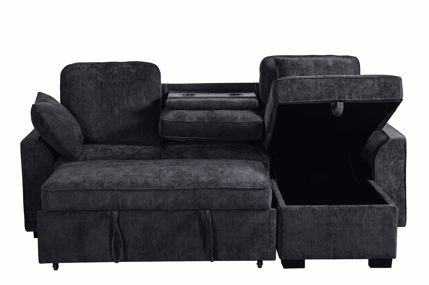 86" Sectional Sofa for Living Room, Convertible L Shaped Sleeper Couch with Pull Out Bed, Modular Chenille Sectional Couch with Storage Chaise, Cup Holders & Removable Tray, Adjustable Backrests