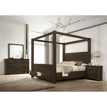 4Pc Brown King Canopy Bed Set Storage Footboard Luxurious Bedroom Furniture