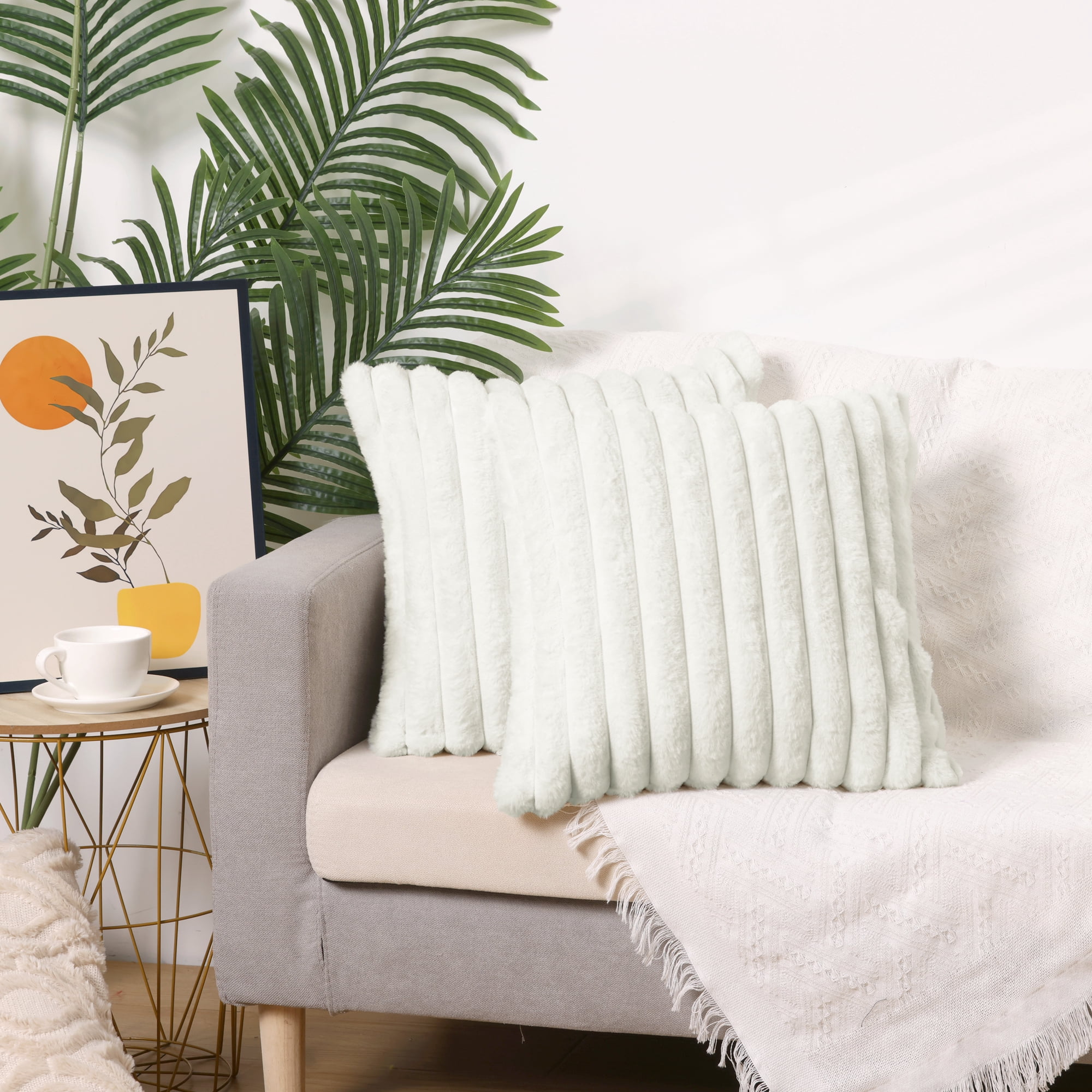 Unique Bargains Pack of 4 Solid Striped Throw Pillow Covers Plush Faux Fur Pillow Cover White/Light Brown 16" x 16"