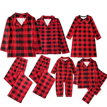 

SYNPOS Family Matching Dad Mom Kids Baby Christmas Collar Down Cotton Red Plaid Pajamas