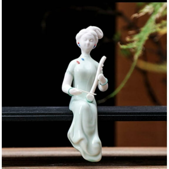 China White Porcelain Ceramics Erhu Beautiful Woman Figurine Statue Statues 5.3"