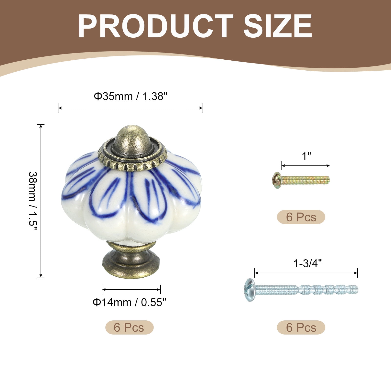 Uxcell 6 Pack Ceramic Knobs, 35mm/1.38" Pumpkin Cabinet Knob Drawer Pull Handle Vintage Drawer Knobs with Screws for Vanity Bedroom Furniture Closet, Blue Petals