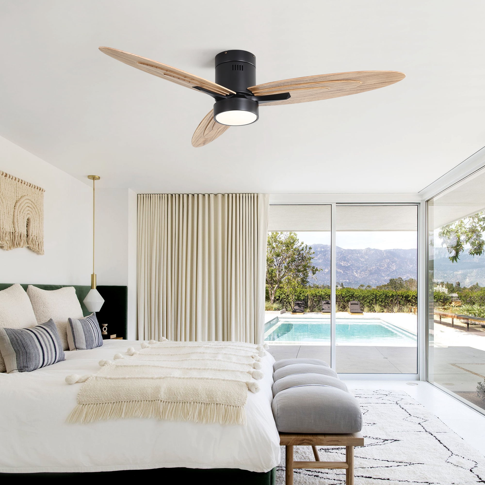Sofucor 52 Inch Ceiling Fan with Light and Remote Control, 3 Solid Wood Blades Reversible DC Motor Black for Living Room