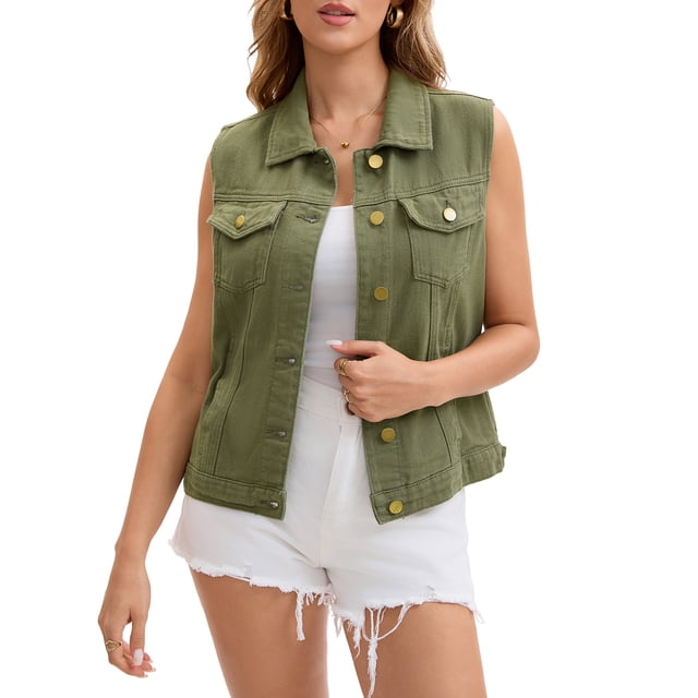 INSPIRE CHIC Women's Denim Vest in Army Green, a sleeveless outerwear piece with a turndown collar, button-down closure, and distressed washed finish. Made from 100% cotton, it features functional flap chest pockets and a regular fit. Styled over a white tank top and distressed shorts, this casual chic vest is perfect for layering in spring and fall, ideal for women's outerwear collections.