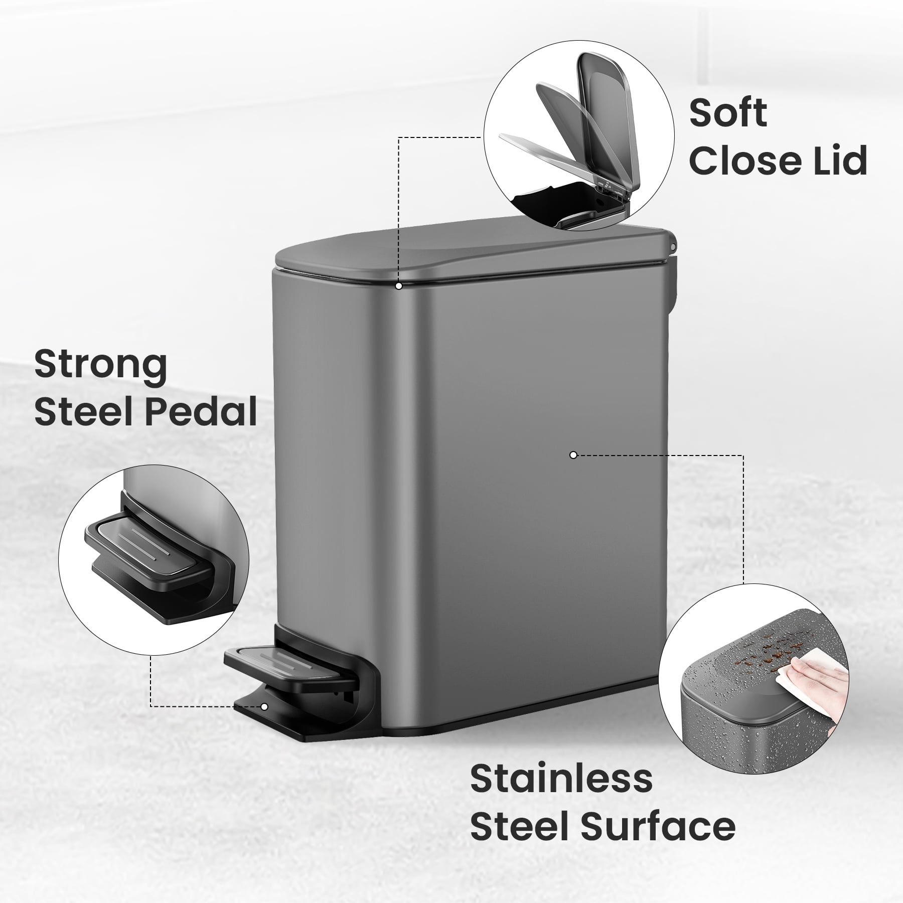 Cesun 1.6 Gallon Small Bathroom Trash Can, Stainless Steel Garbage Bin with Lid, Gray