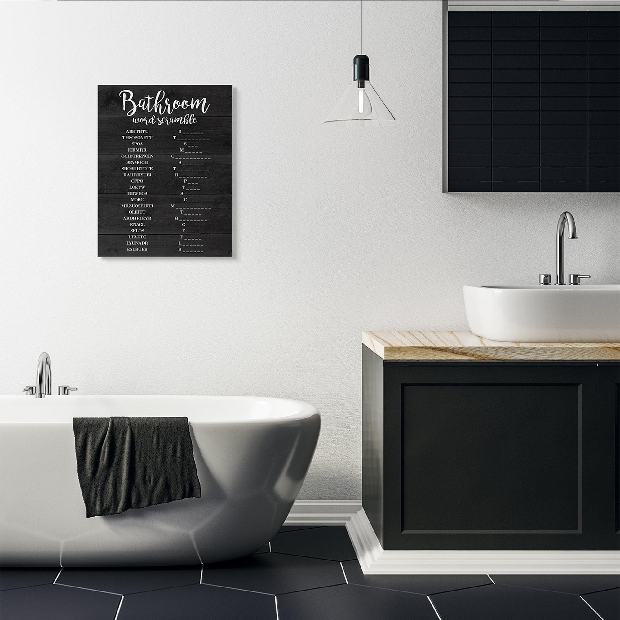 Stupell Home Décor Bathroom Word Scramble Black and White Design Canvas Wall Art by Daphne Polselli
