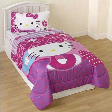  Hello Kitty Pink Purple Twin Comforter Sheet Set 4 
