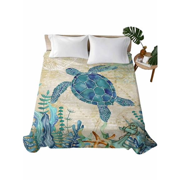 Full Size Flat Sheet Only, Teal Sea Turtle Coastal Soft Brushed Microfiber Bed Sheets, Vintage Summer Beach Seaweed Hotel Quality Breathable Bedding Top Sheet, Easy Care, 81"x96"