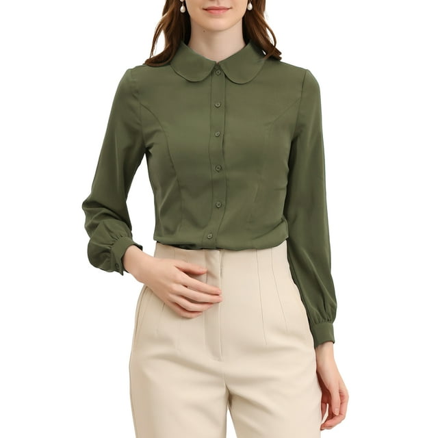 CURVOSPORT Women's Button Down Shirt Peter Pan Collar Long Sleeve Princess Line Blouse S Army Green