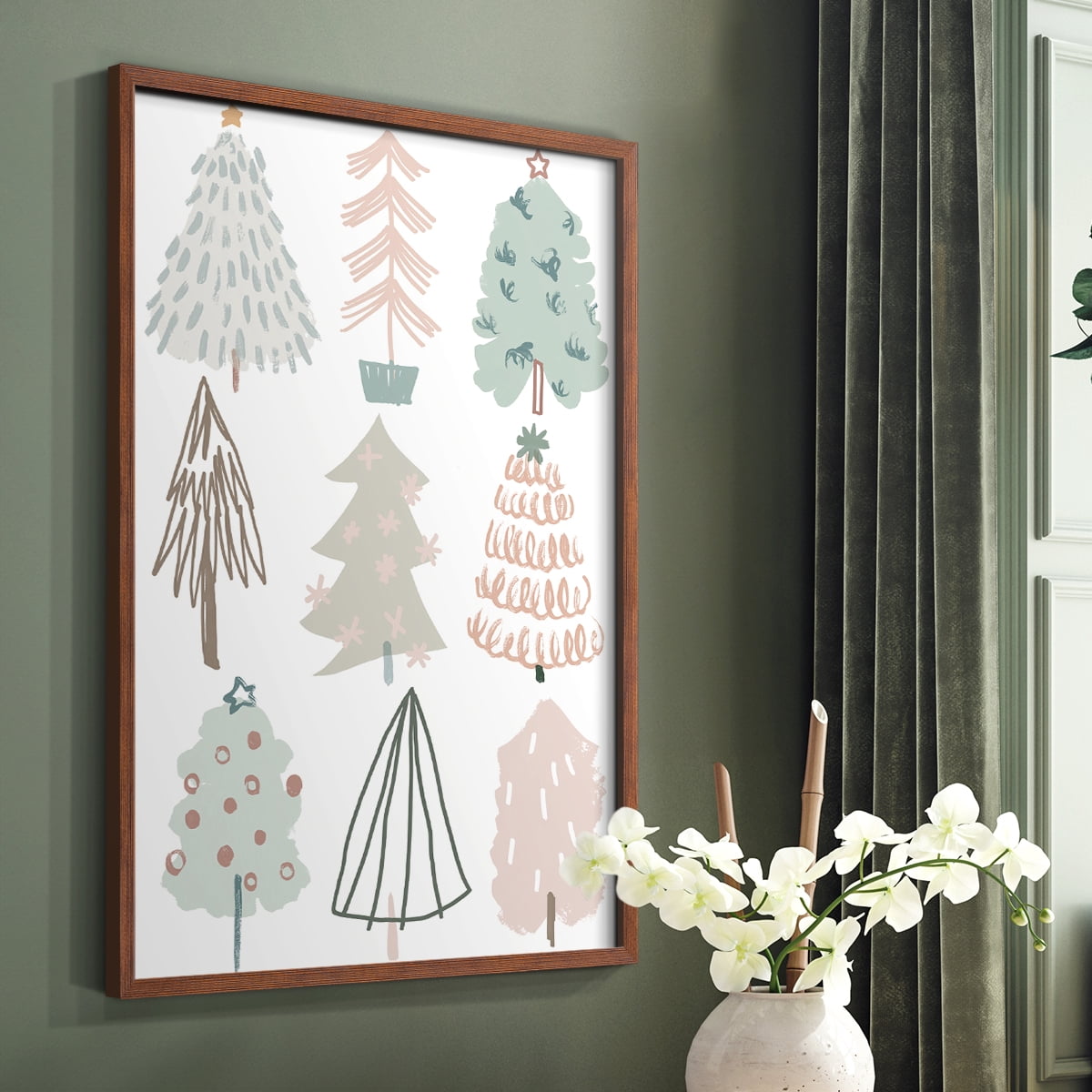Christmas Tree Sketchbook I Framed Print in Brown Solid Wood Framed Print No Nail Hanging