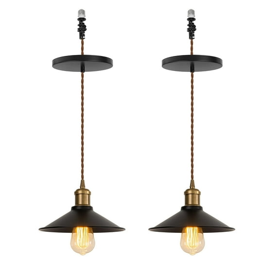 KAYYELAMP Set of Two Black Metal Lampshade Hanging Lamp E26 Copper Base Adjustable Height Droplight Vintage Design Pendant Light Fixture for Kitchen Island Home