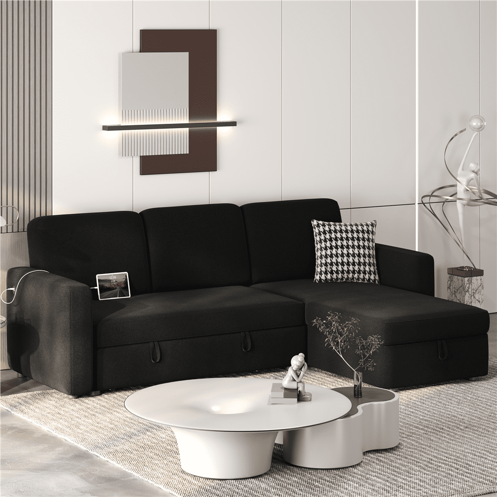Alden Design Reversible Sectional Sofa with USB & Type-C Ports for Livingroom, Black