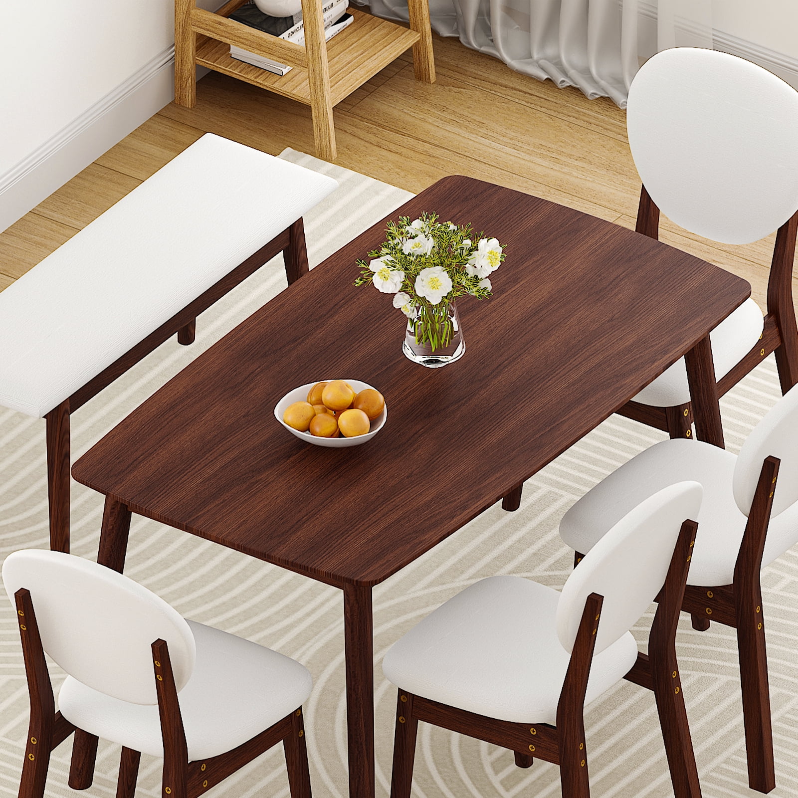 Ktaxon Solid Wood Dining Table Set for 6, Mid-Century Dining Room Table with 4 Padded Chairs & Bench, 47.3" Dining Room Set for 4~6 Family Use, Walnut