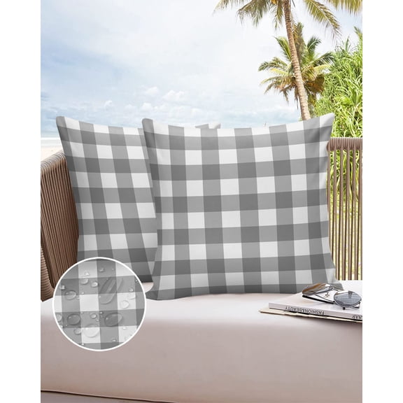 Outdoor Throw Pillow Cover Farmhouse Gray and White Buffalo Plaid Check Waterproof Cushion Covers 2 Pack Classic Lattice Grid Pillow Cases Home Decoration for Patio Garden Couch Sofa