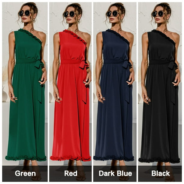 Women Dress One-Shoulder Ruffle Tie Waist Empire Dress Sleeveless Summer  Party Maxi Dress 