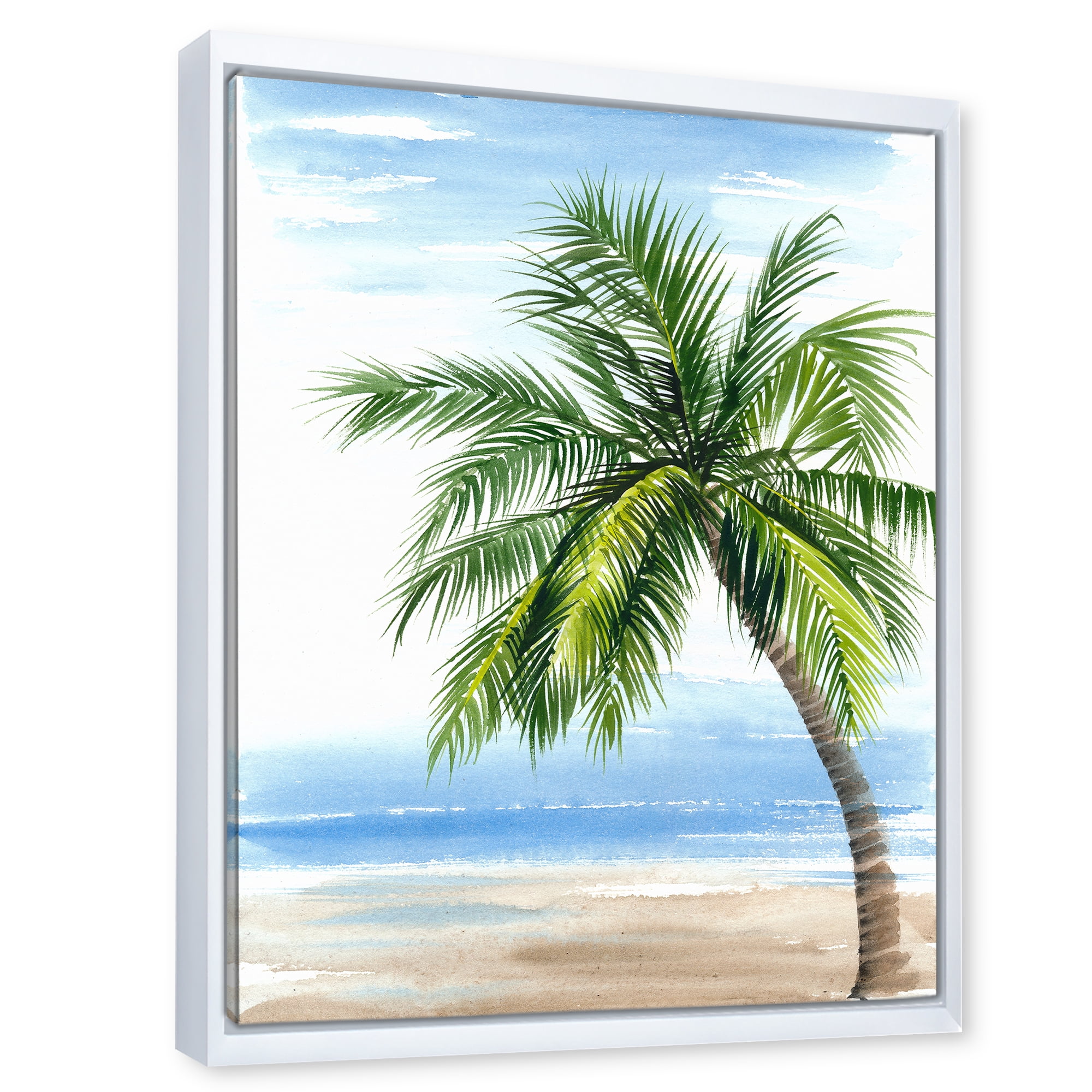 Designart 'Palm Tree At The Beach' Nautical & Coastal Framed Canvas Wall Art Print