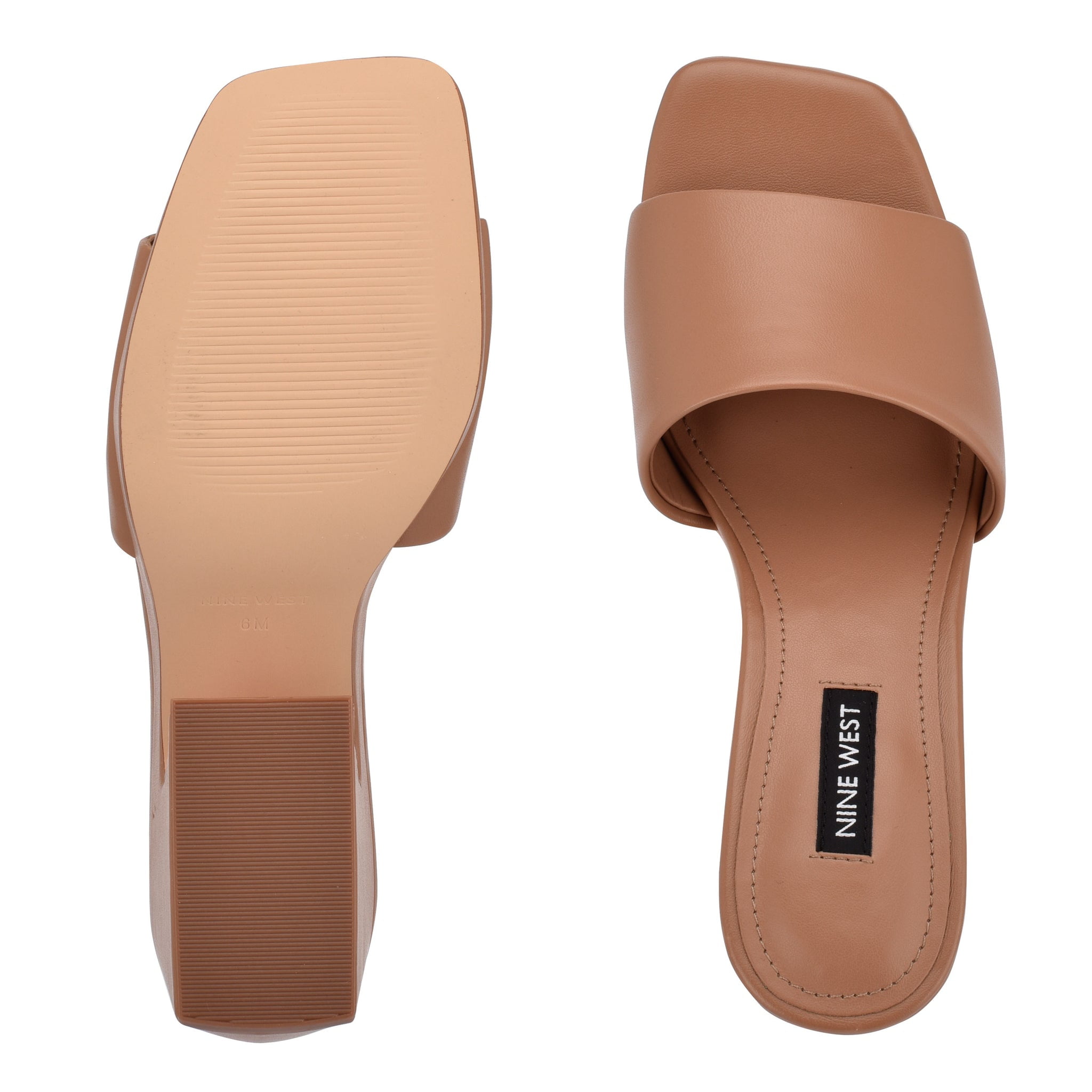 Nine West Oklee 3 Light Tan Squared Open Toe Slip On Retro Heeled