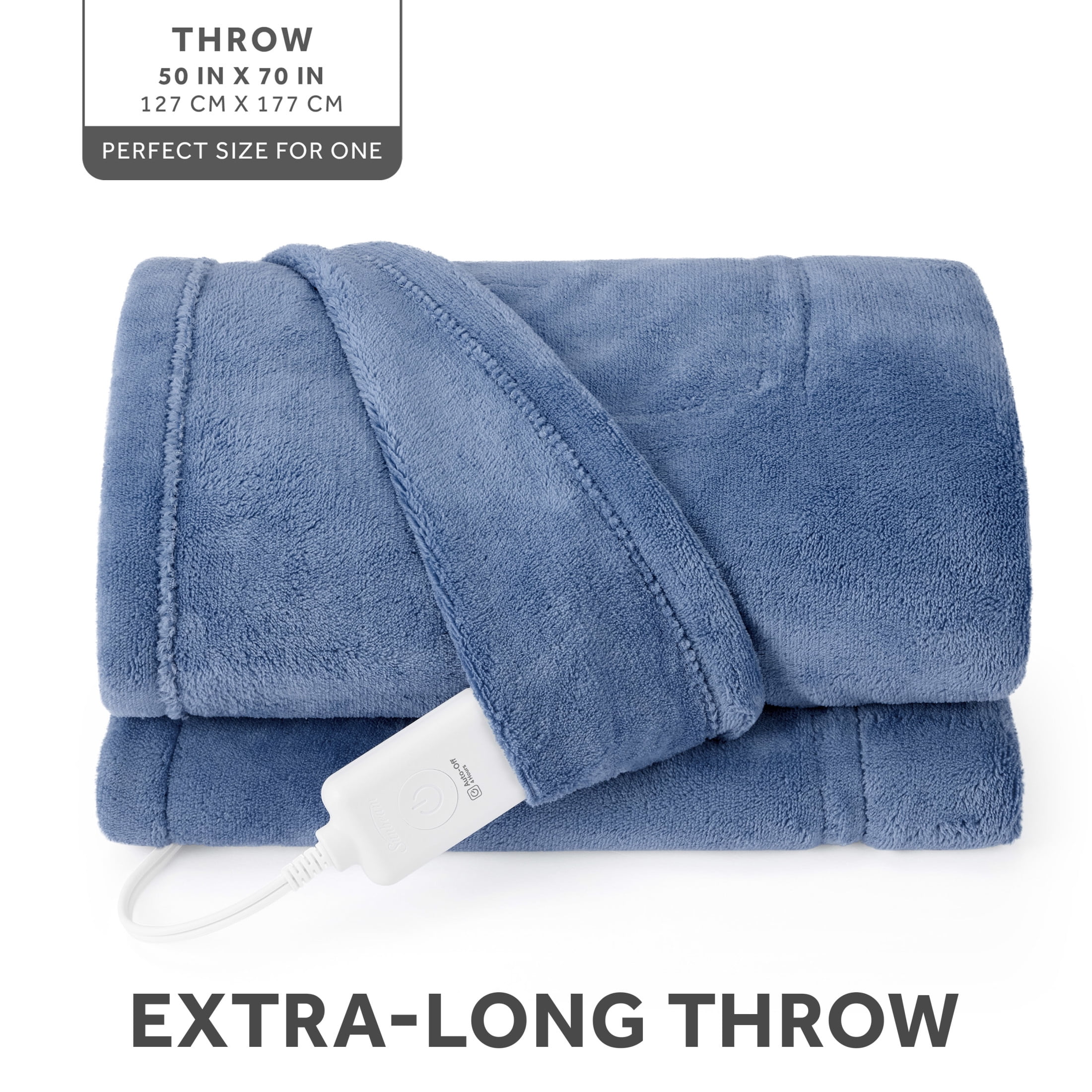 Sunbeam Electric Heated Throw Blanket Oversize Blue Corduroy Microplush 4 Heat Settings