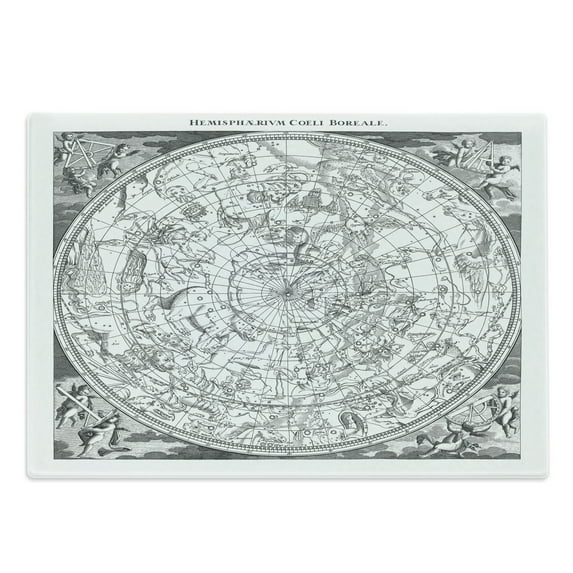Constellation Cutting Board, Detailed Vintage Boreal Hemisphere Astronomy Antique Art Print, Decorative Tempered Glass Cutting and Serving Board, Large Size, Grey, by Ambesonne