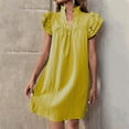 thumbnail image 4 of PiGOGI Women's Solid Color Layered Sleeve Standing Collar Dress Short Sleeve Casual Comfortable Summer Wear Yellow XL, 4 of 7