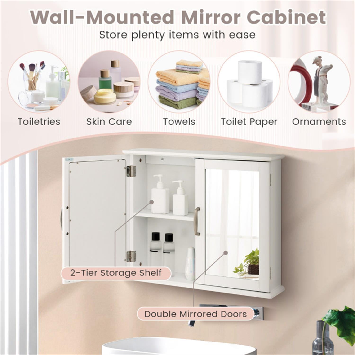 Demi Bonn 2-Tier Bathroom Wall Cabinet, Over The Toilet Space Saver Storage Cabinet, Medicine Cabinet with 2 Mirror Door and Shelves, Cupboard, White