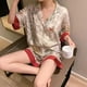 thumbnail image 1 of Conjunto de 2 piezas para mujer, pijama de manga corta para primavera y verano para mujer, ropa de dormir de seda a la moda, conjunto de pijama de satén Sexy con estampado de flores y pájaros LingWen 1327534163728, 1 of 1