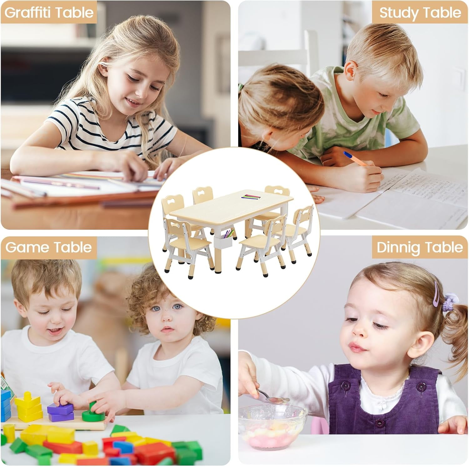 Garvee Kids Activity Table and Chair Set 7-Piece, Adjustable Height, Light Yellow
