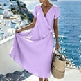 thumbnail image 2 of Women's Solid Color Wrap V Neck Midi Dress Short Sleeve Tie Waist Casual Vacation Dress with Pockets Purple M(M), 2 of 7