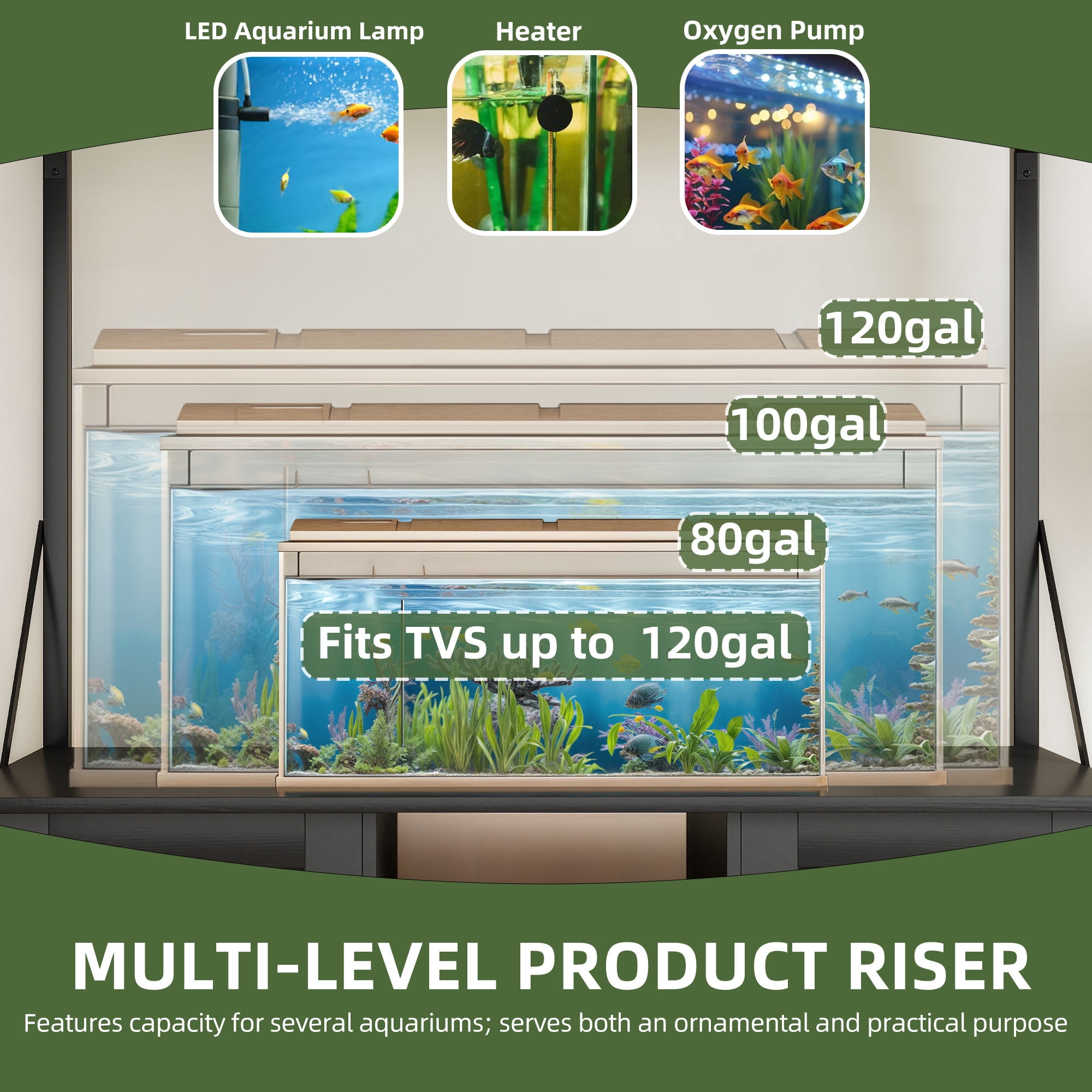 Uforic 120 Gal Fish Tank Stand w Shelf and Cabinet, 1100 Lbs Capacity, Power Outlets, Metal, Black